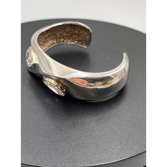 Sterling Silver Pear Shaped Faceted Glass Bezel Set 14K Arched Cuff Bracelet Sm - Picture 7 of 8
